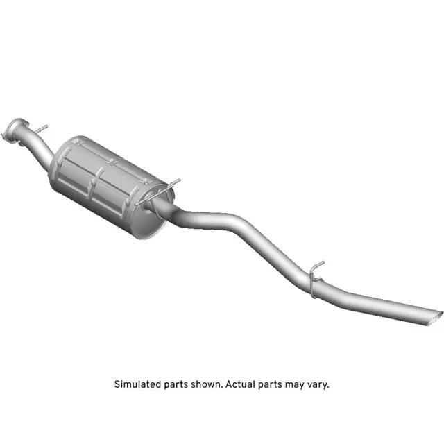 Exhaust Muffler Assembly with Pipe, Flange, Reinforcements, Hangers, and Labels