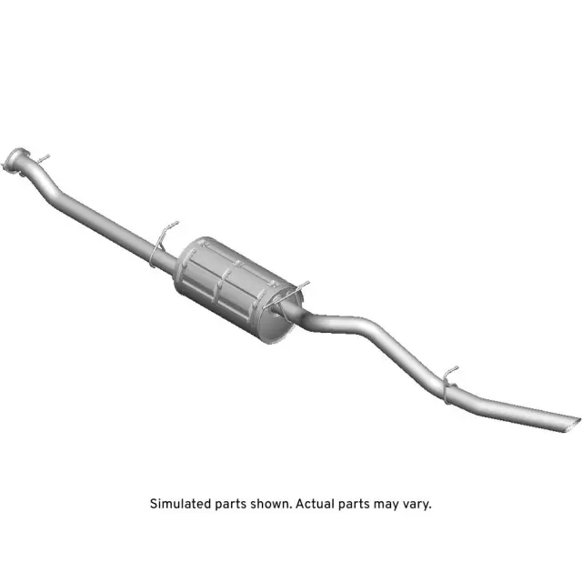 Exhaust Muffler Assembly with Pipe, Flange, Reinforcements, Hangers, and Labels