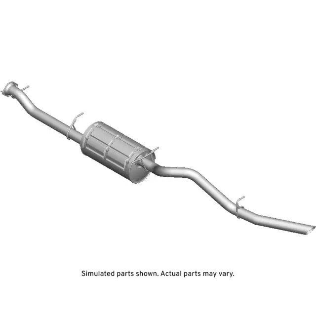 Exhaust Muffler Assembly with Pipe, Flange, Reinforcements, Hangers, and Labels