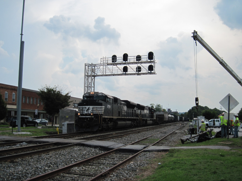 First train under the new signal cantilever