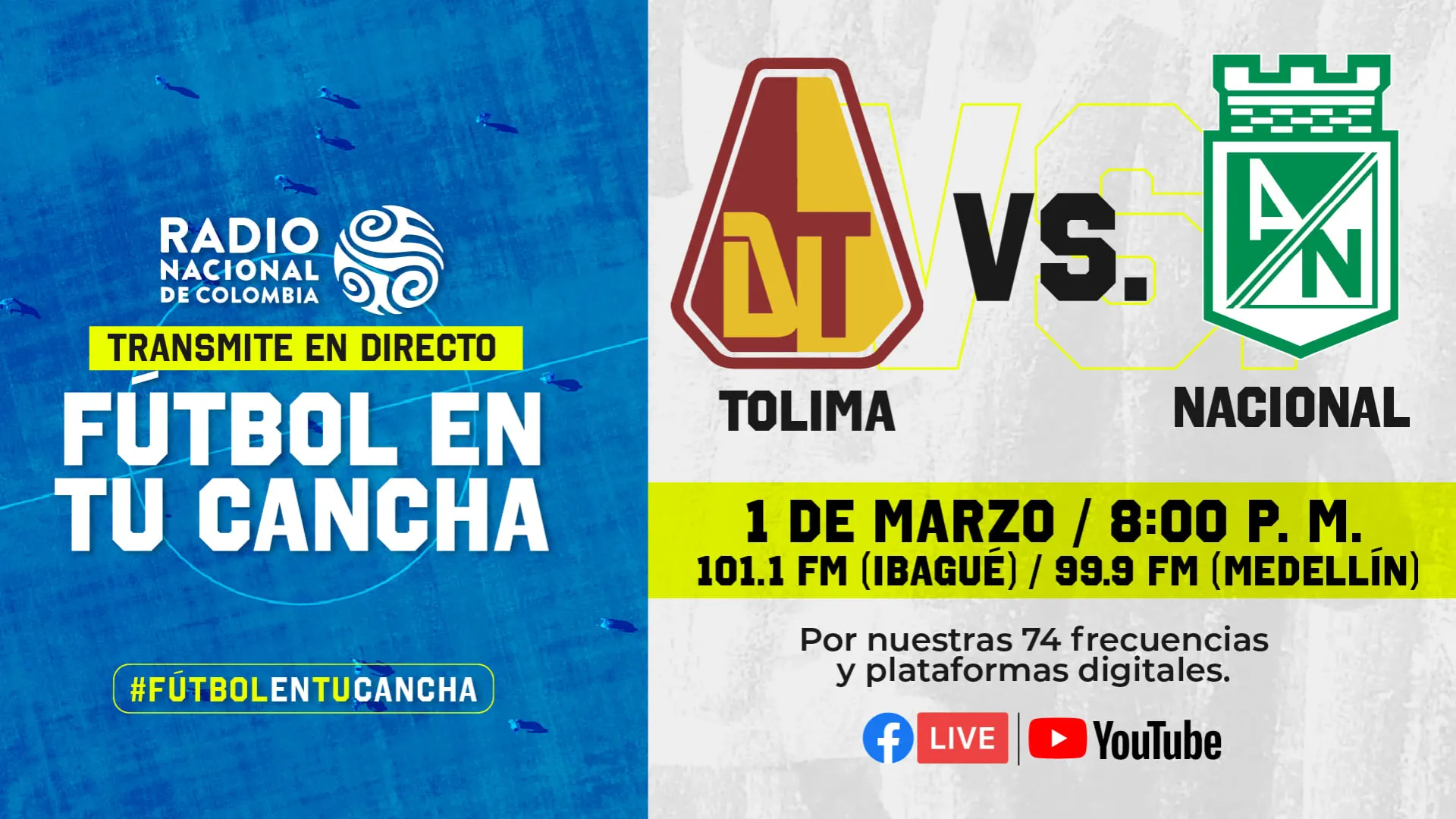 Tolima vs. Nacional, el partido de la fecha que se escuchará por Radio Nacional de Colombia