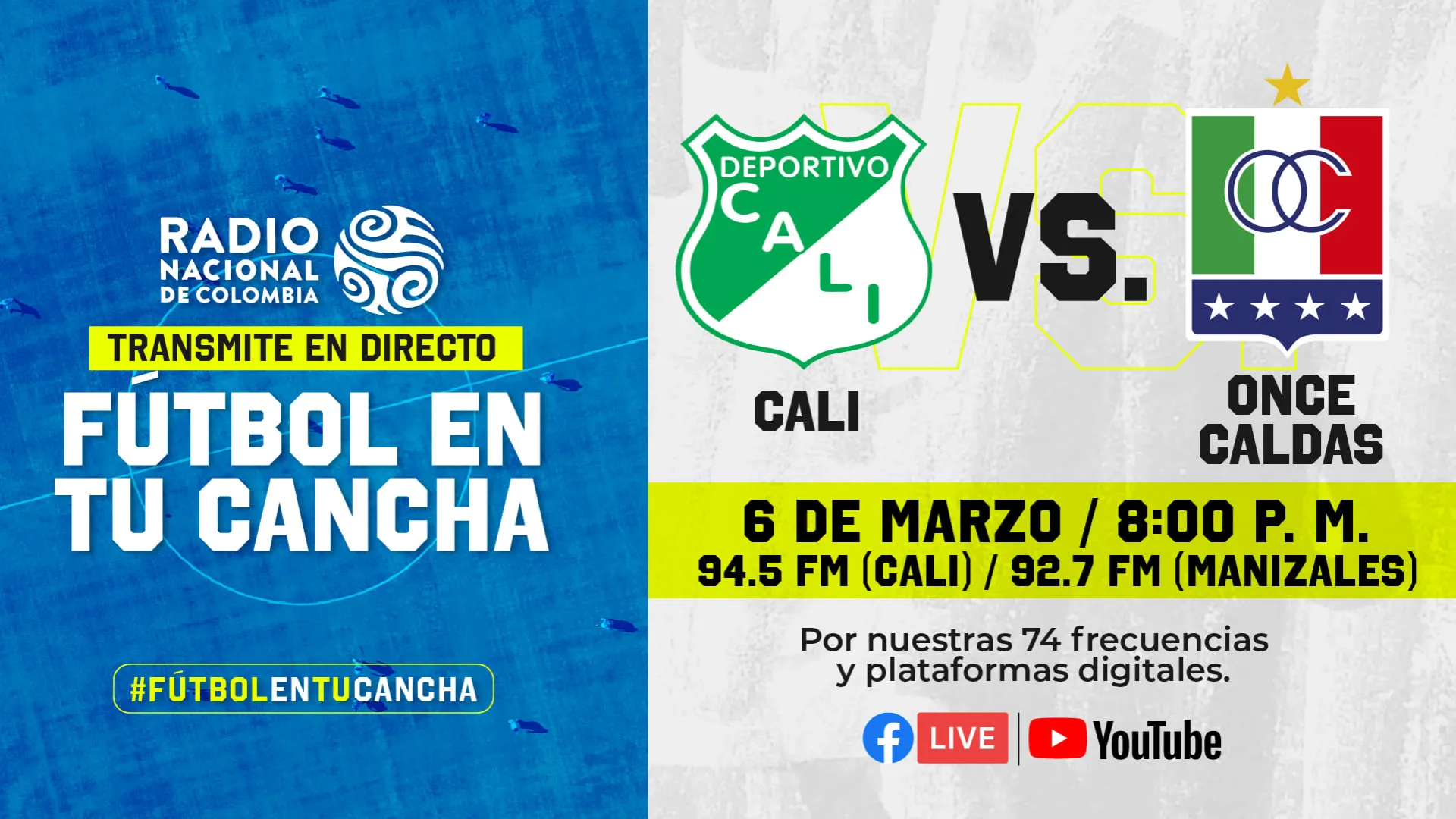 El fútbol nacional se sigue viviendo por Radio Nacional de Colombia: Cali recibe a Once Caldas