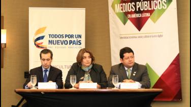 Jorge Familiar, vicepresidente del Banco Mundial para América Latina y el Caribe; Mariana Garcés, Ministra de Cultura y John Jairo Ocampo, gerente de RTVC.