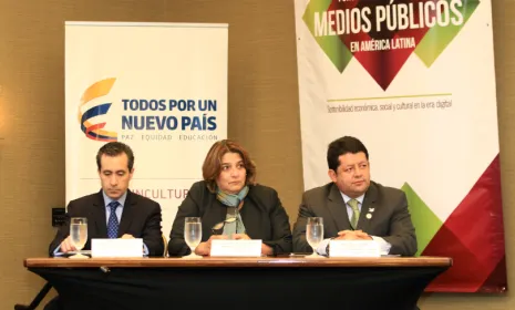 Jorge Familiar, vicepresidente del Banco Mundial para América Latina y el Caribe; Mariana Garcés, Ministra de Cultura y John Jairo Ocampo, gerente de RTVC.