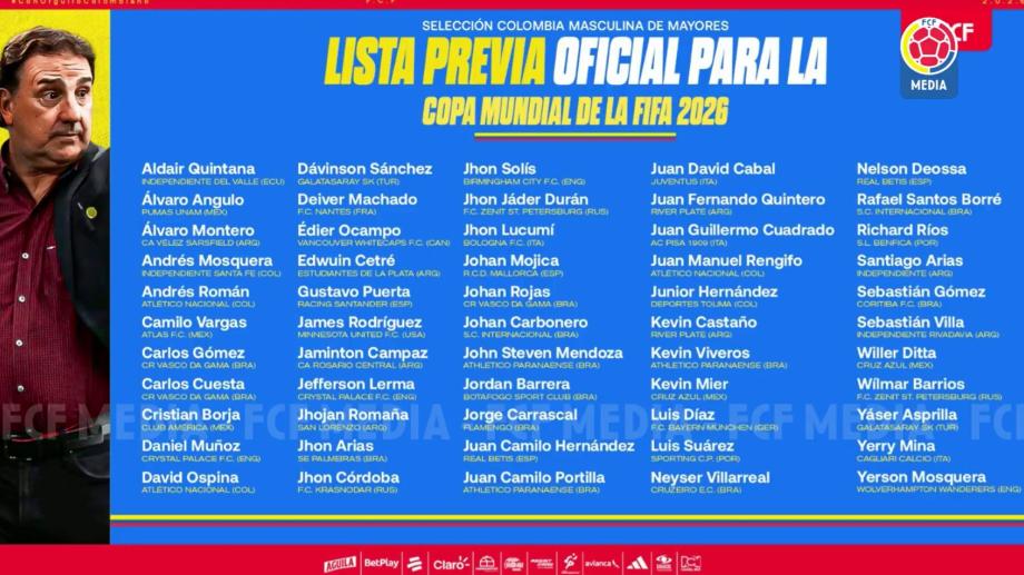 Los preseleccionados de Colombia para la Copa Mundial de la FIFA 2026