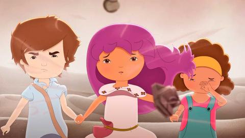 Tres niños miran al horizonte en la película El libro de lila