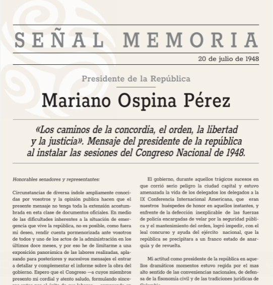 «Los caminos de la concordia, el orden, la libertad y la justicia». Mensaje del presidente de la república al instalar las sesiones del Congreso Nacional de 1948.