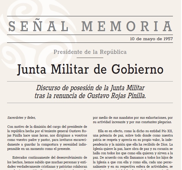 Discurso de posesión de la Junta Militar tras la renuncia de Gustavo Rojas Pinilla