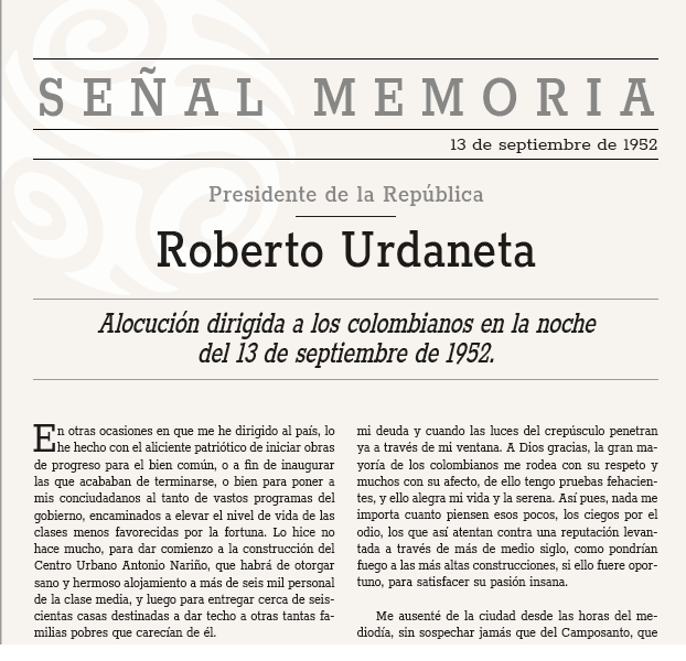 Alocución dirigida a los colombianos en la noche del 13 de septiembre de 1952.