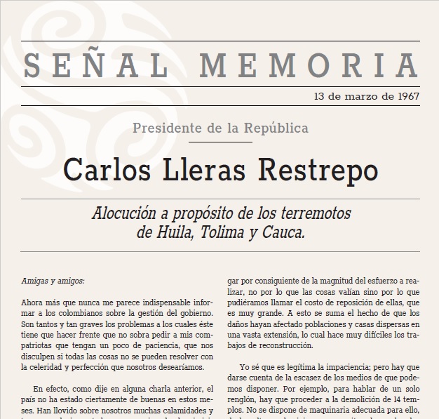 Alocución a propósito de los terremotos del Huila, Tolima y el Cauca