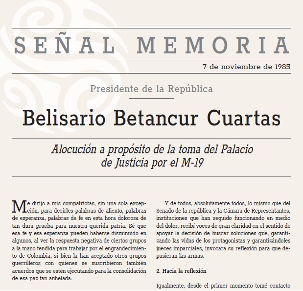 Alocución a propósito de la Toma del Palacio de Justicia por el M-19