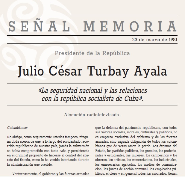 La seguridad nacional y las relaciones con la República Socialista de Cuba. Alocución radio televisada