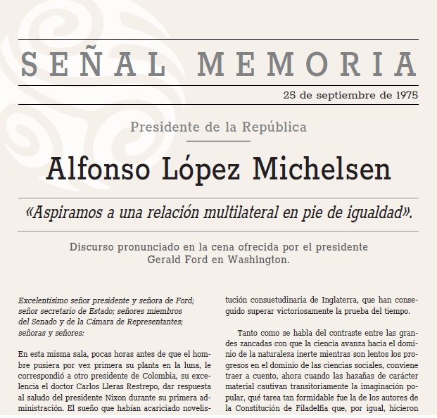 Aspiramos a una relación multilateral en pie de igualdad. Discurso pronunciado en la cena ofrecida por el presidente estadounidense Gerald Ford en Washington
