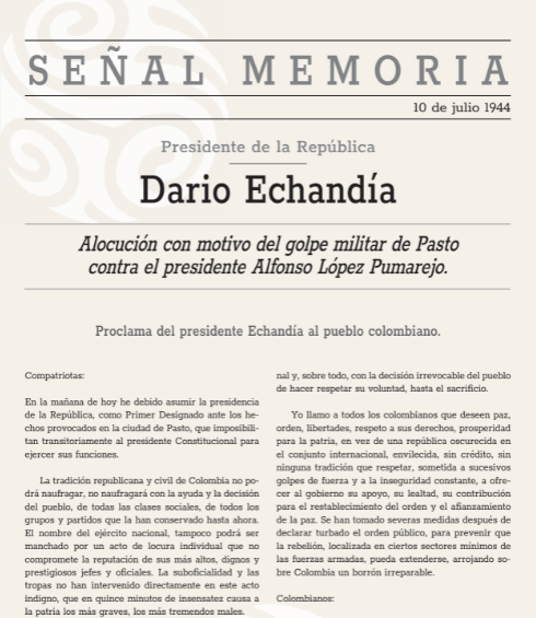[Darío Echandía] Alocución con motivo del golpe militar de Pasto contra el presidente Alfonso López Pumarejo