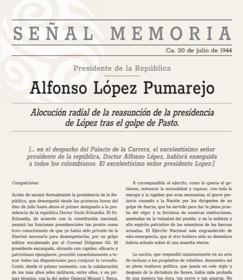 Alocución radial de la reasunción de la presidencia de López tras el golpe de Pasto