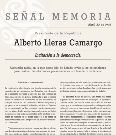 Invitación a la democracia. Alocución radial en la que, como jefe de Estado, invita a los colombianos a participar de las elecciones presidenciales sin fraude ni violencia (Alocución radial)
