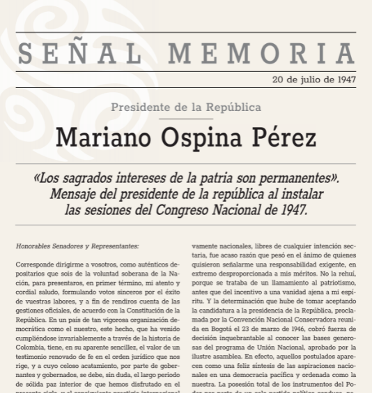 Los sagrados intereses de la patria son permanentes. Mensaje del presidente de la República al instalar las sesiones del Congreso Nacional de 1947.