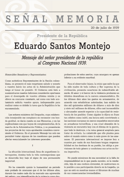 Mensaje del señor presidente de la República al Congreso Nacional 1939