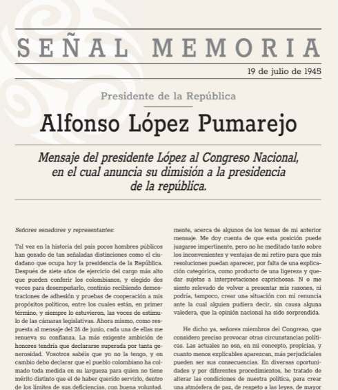 Renuncia. Mensaje del presidente López al Congreso Nacional, en el cual anuncia su dimisión a la presidencia de la República