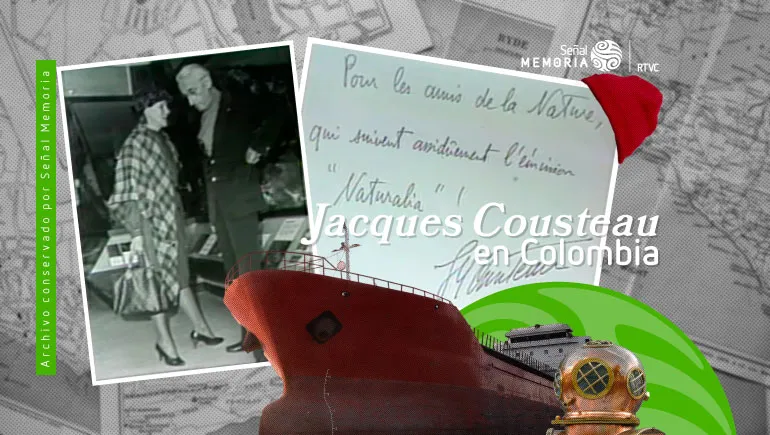 Fotograma Jacques Cousteau y Gloria Valencia de Castaño en su visita a Colombia