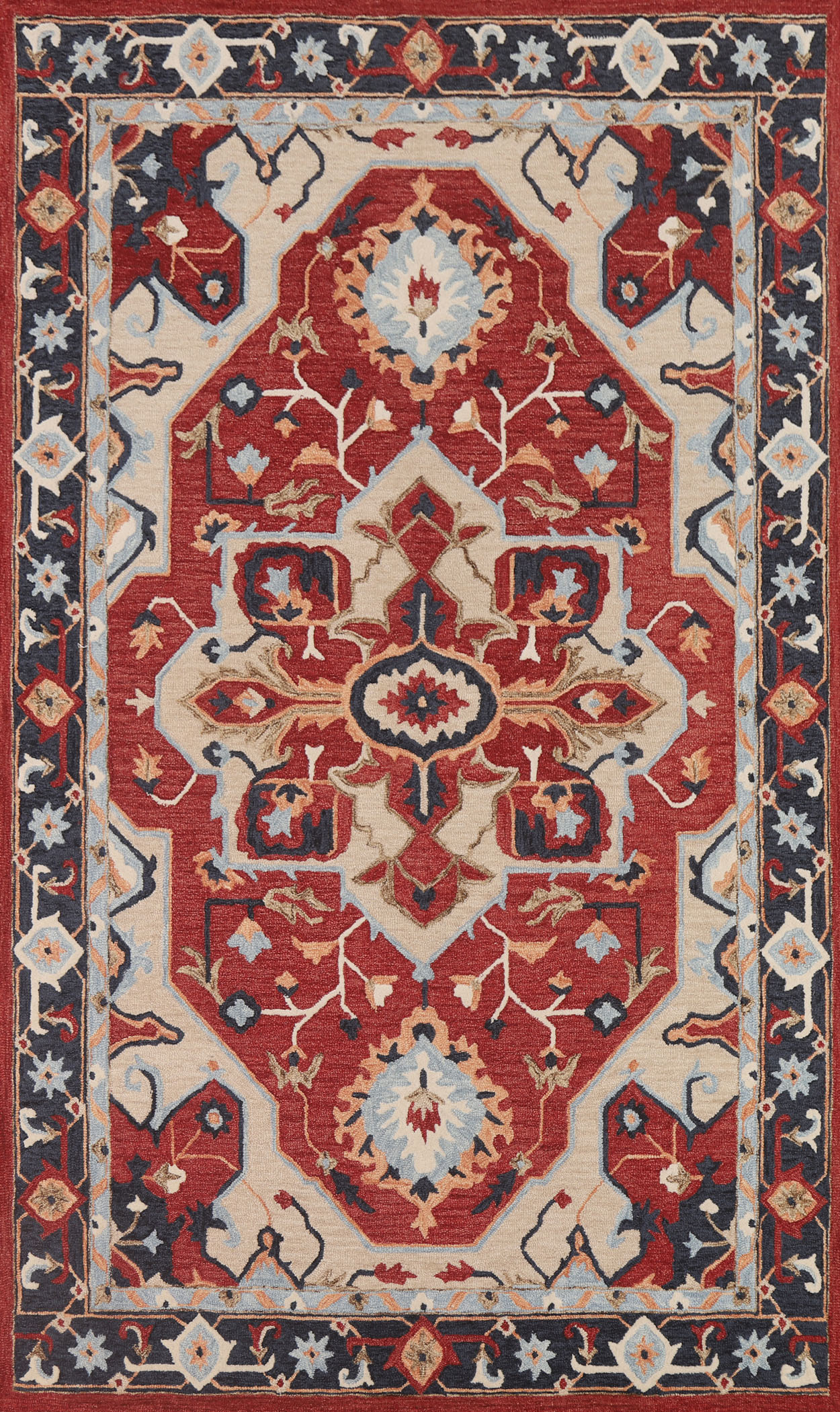 Red/ Navy Blue Geometric Heriz Hand-Tufted Wool Rugs