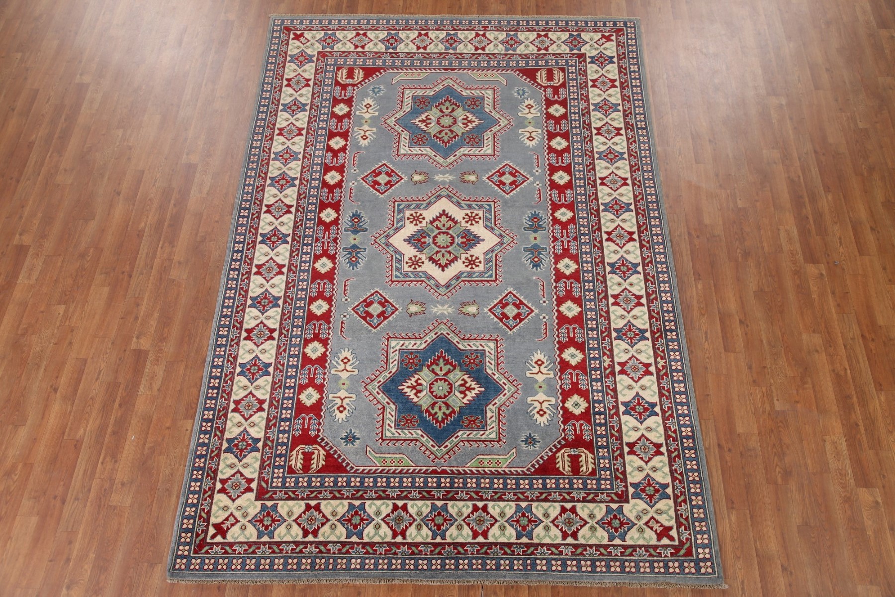 Handmade Traditional Wool Carpet Geometric Gray Kazak Oriental