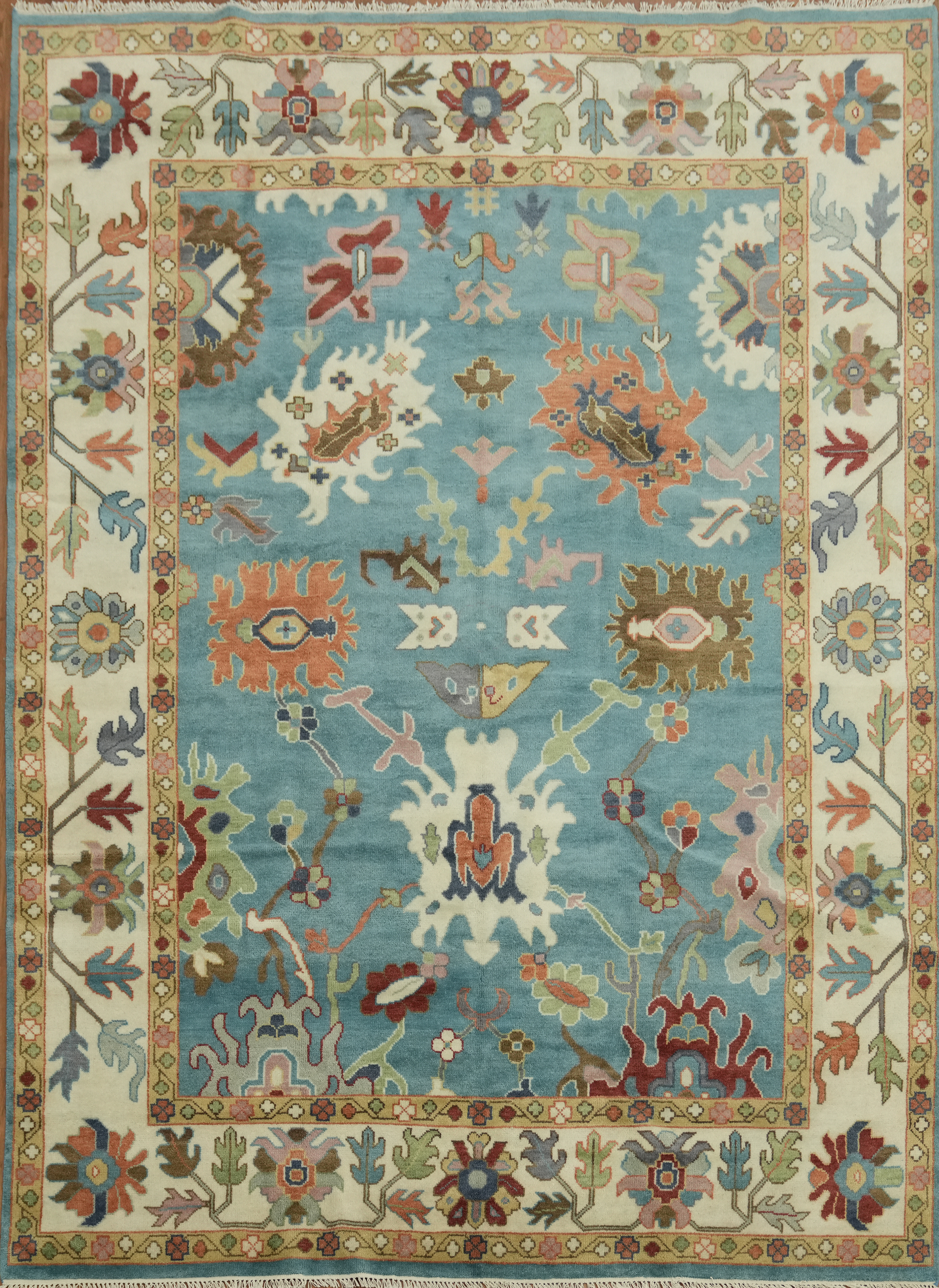 Vibrant Blue Oushak Rug Handmade with Intricate Pattern for Living Room 9×12
