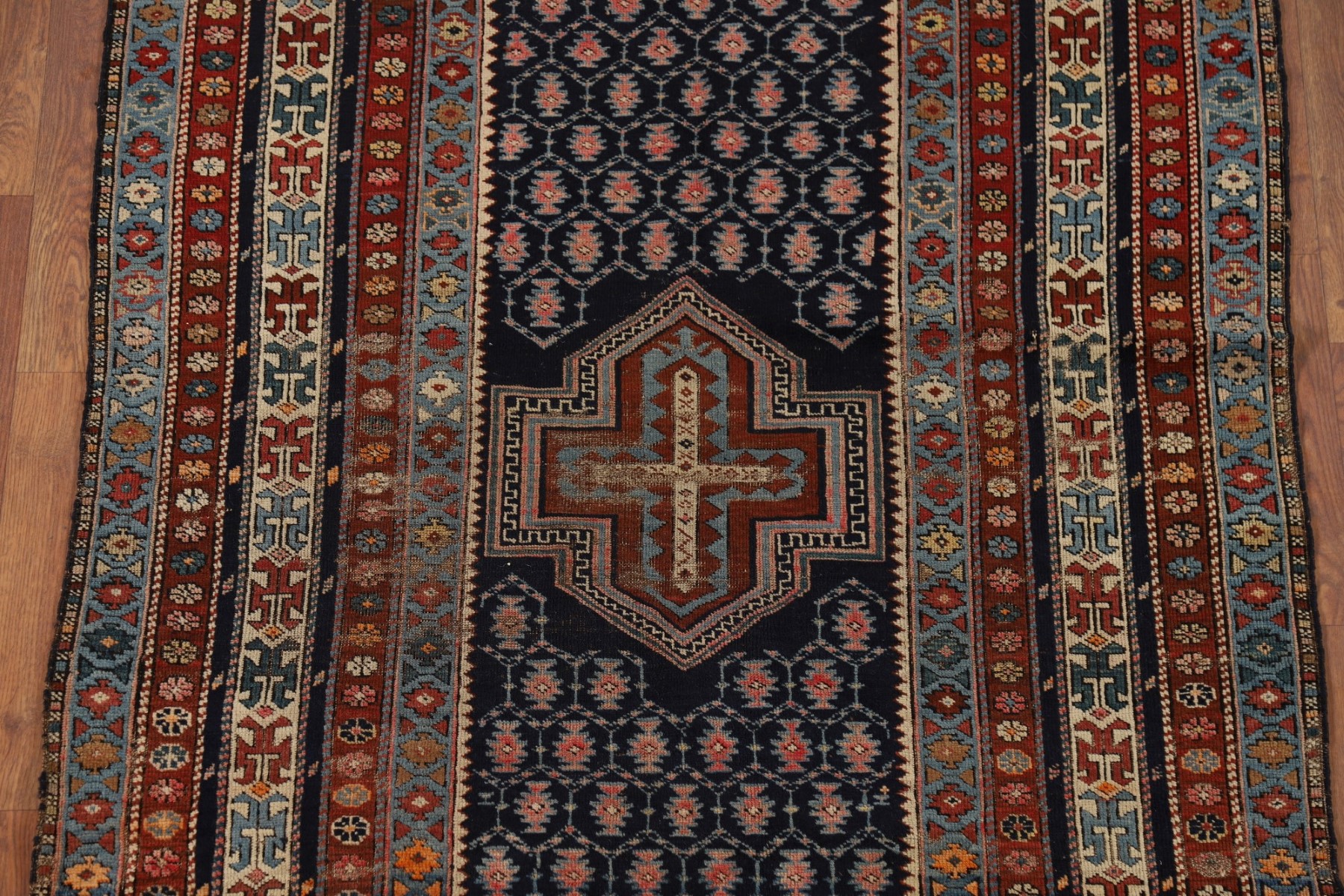 Navy Blue Pre-1900 Antique Kazak Vegetable Dye Rug 4x5 Handmade