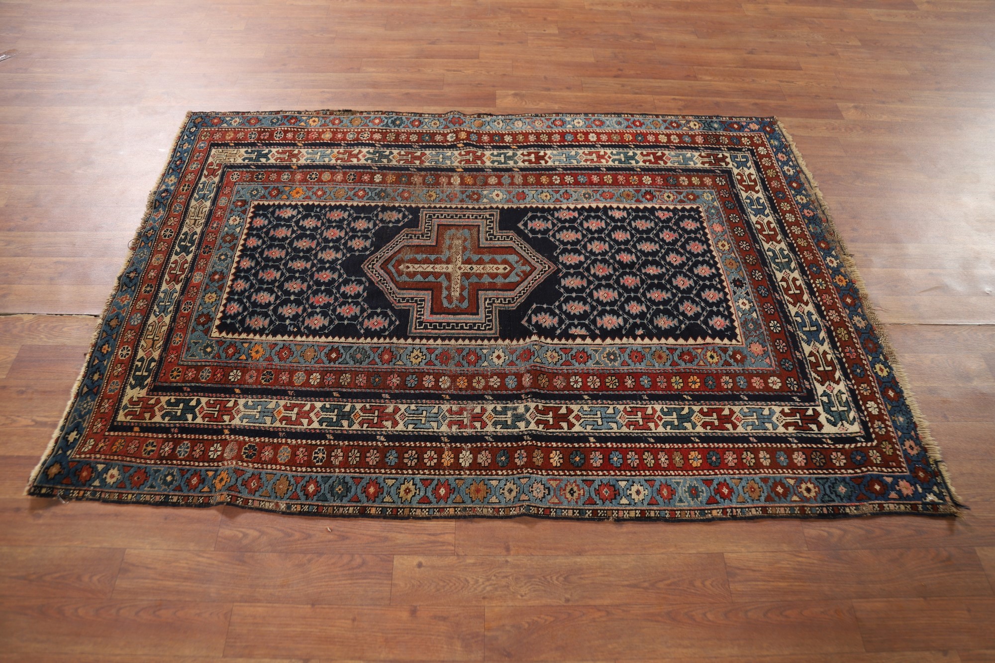 Navy Blue Pre-1900 Antique Kazak Vegetable Dye Rug 4x5 Handmade