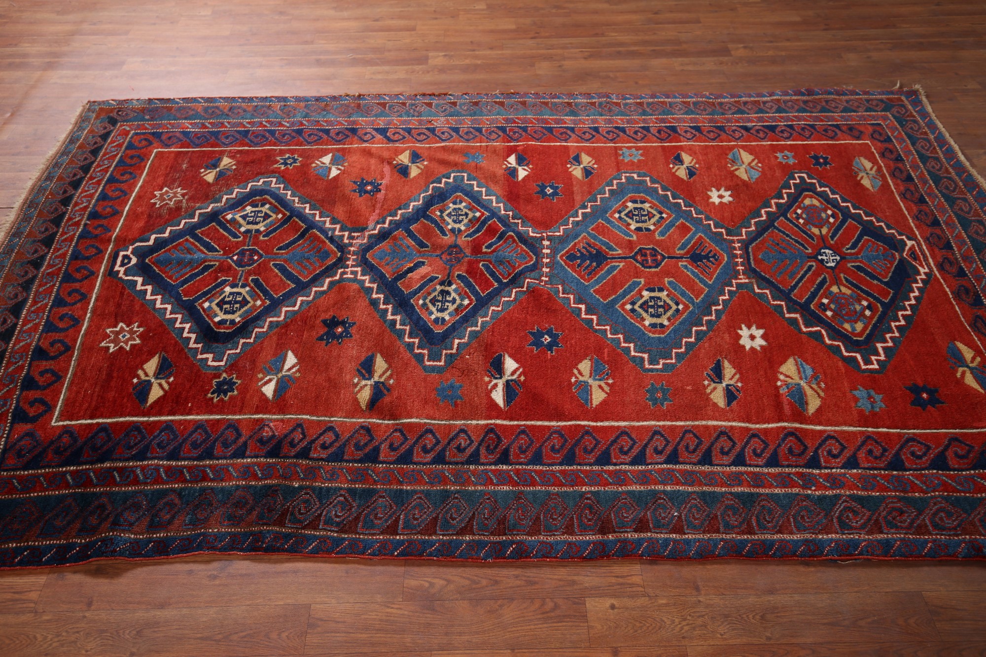 Antique Wool Russian Kazak Vegetable Dye Hand-knotted Carpet Area