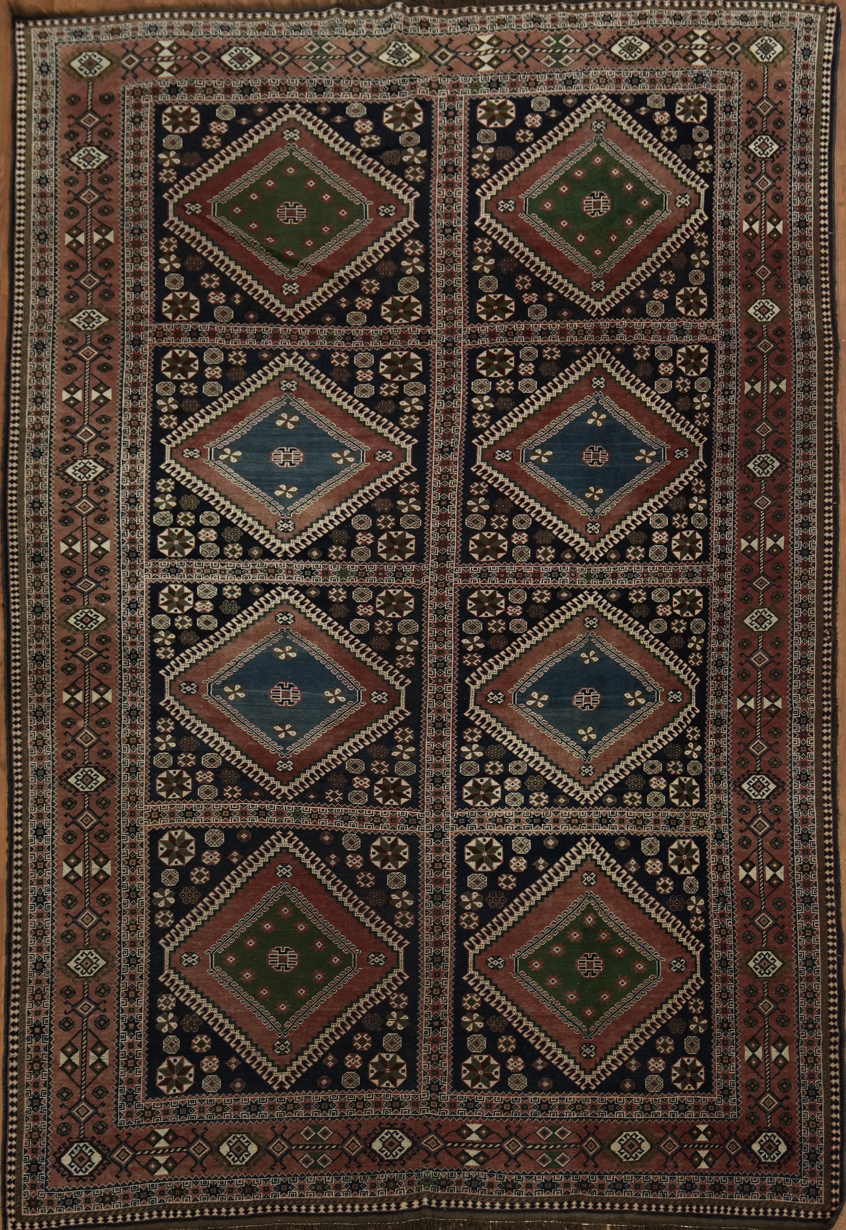 Tribal Hand-made Geometric Antique Rug 8×11 Vegetable Dye Navy Blue Wool Carpet