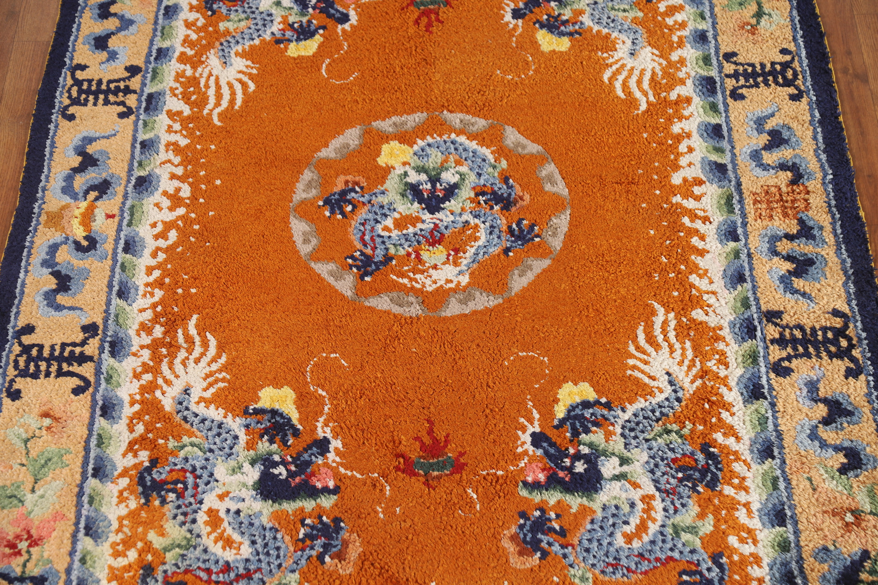 Orange Art Deco Vegetable Dye Chinese Rug 4x6 ft Hand-knotted Silk