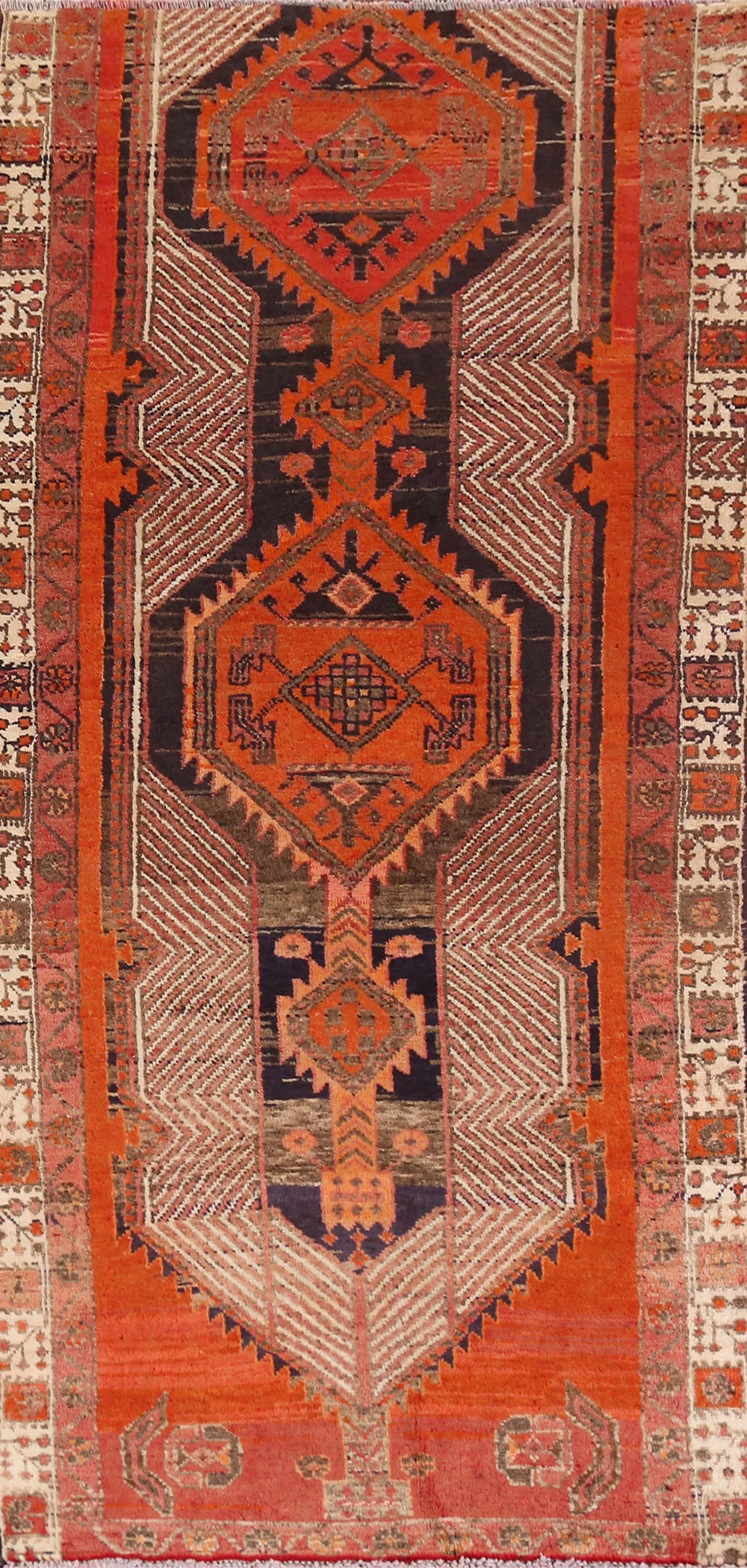 Orange Wool Hand-knotted Tribal 7 ft Runner Rug Vintage Geometric