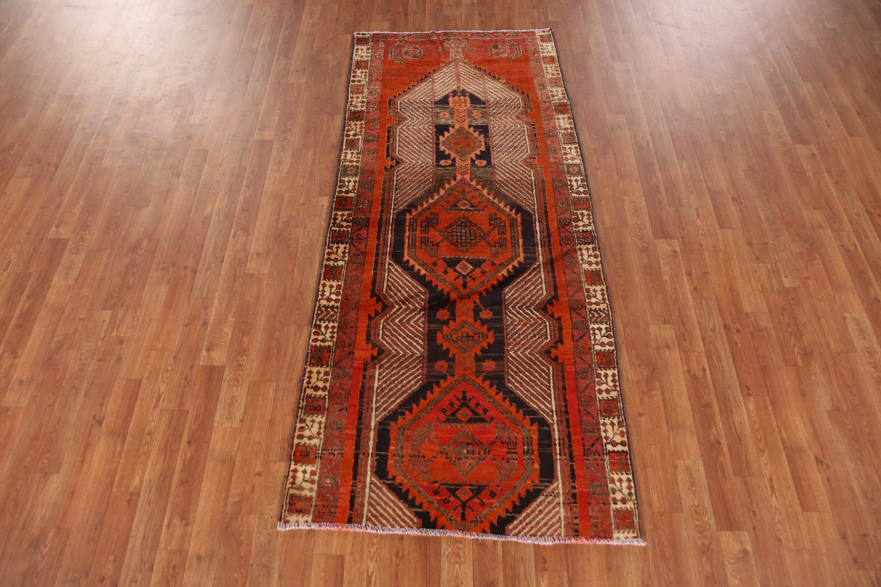 Orange Wool Hand-knotted Tribal 7 ft Runner Rug Vintage Geometric
