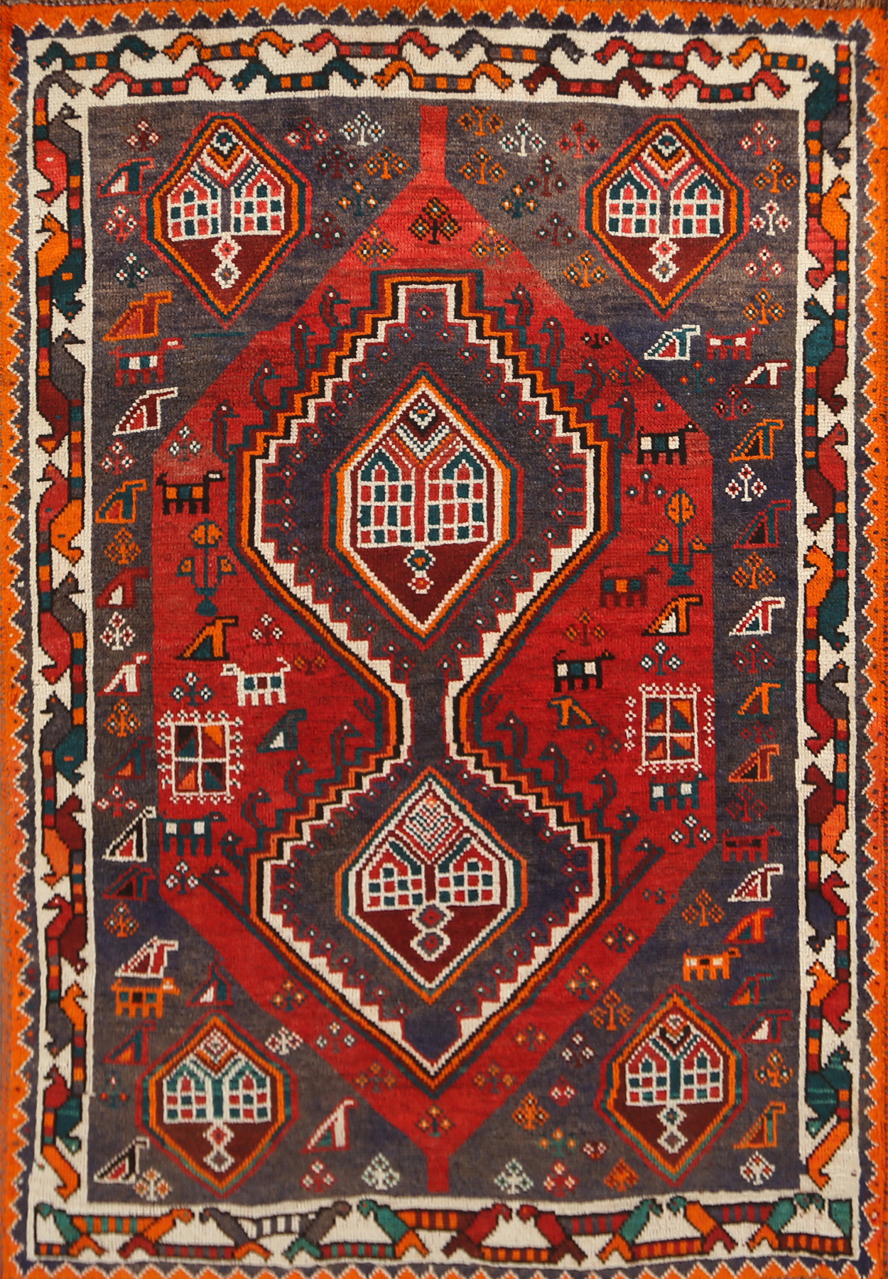 Little Animals Design Tribal Wool Rug Vintage Hand-knotted Nomadic