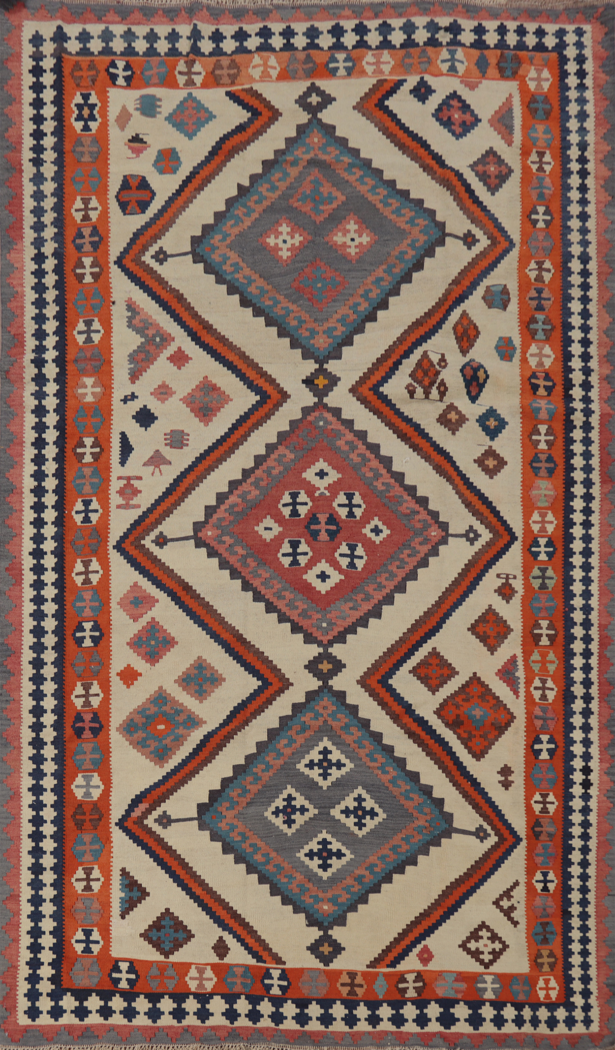 Vegetable Dye Kilim Ivory Geometric Tribal Hand-woven Reversible