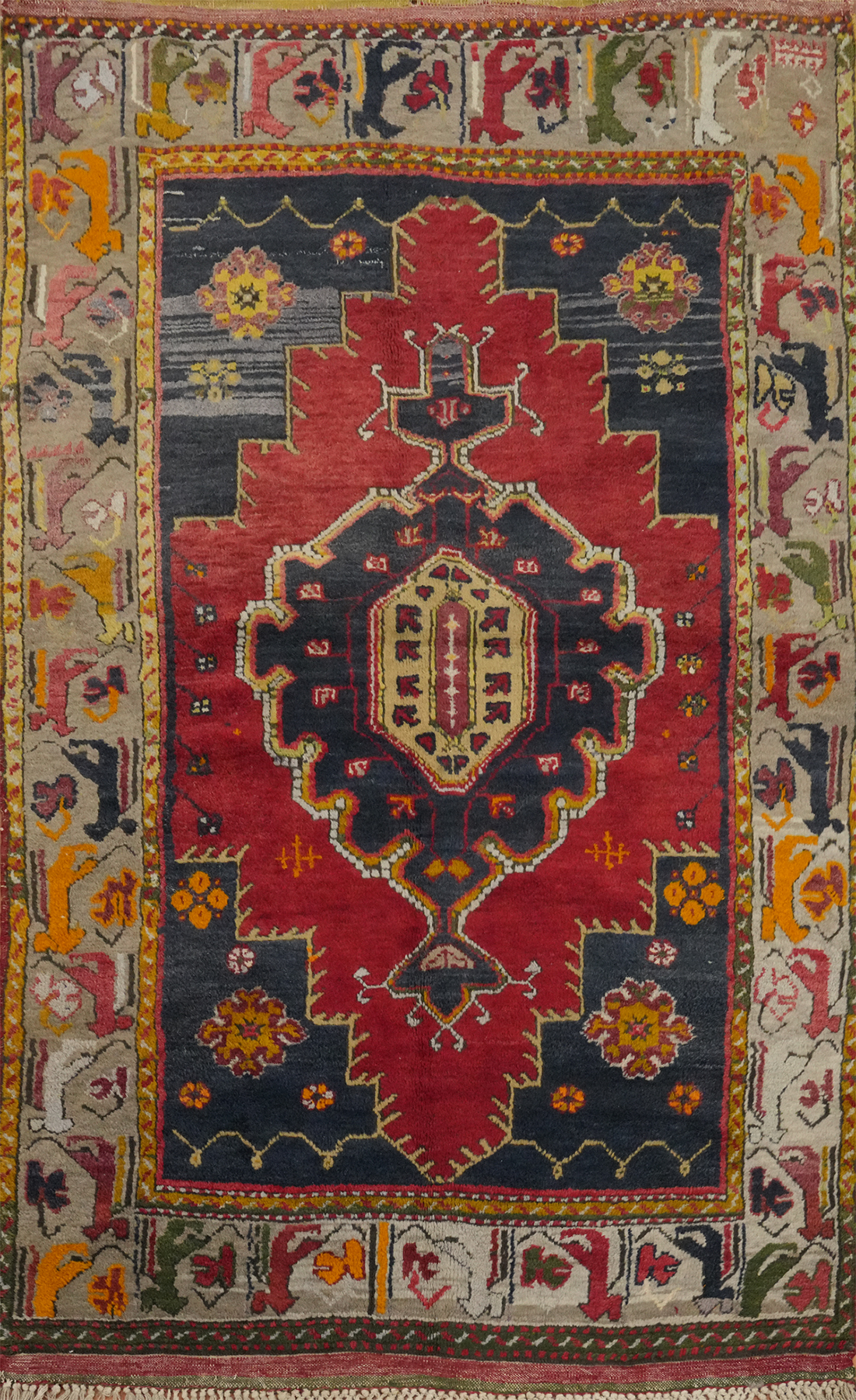 Red Vintage Geometric Anatolian Turkish Rug 4x6 ft Hand-knotted