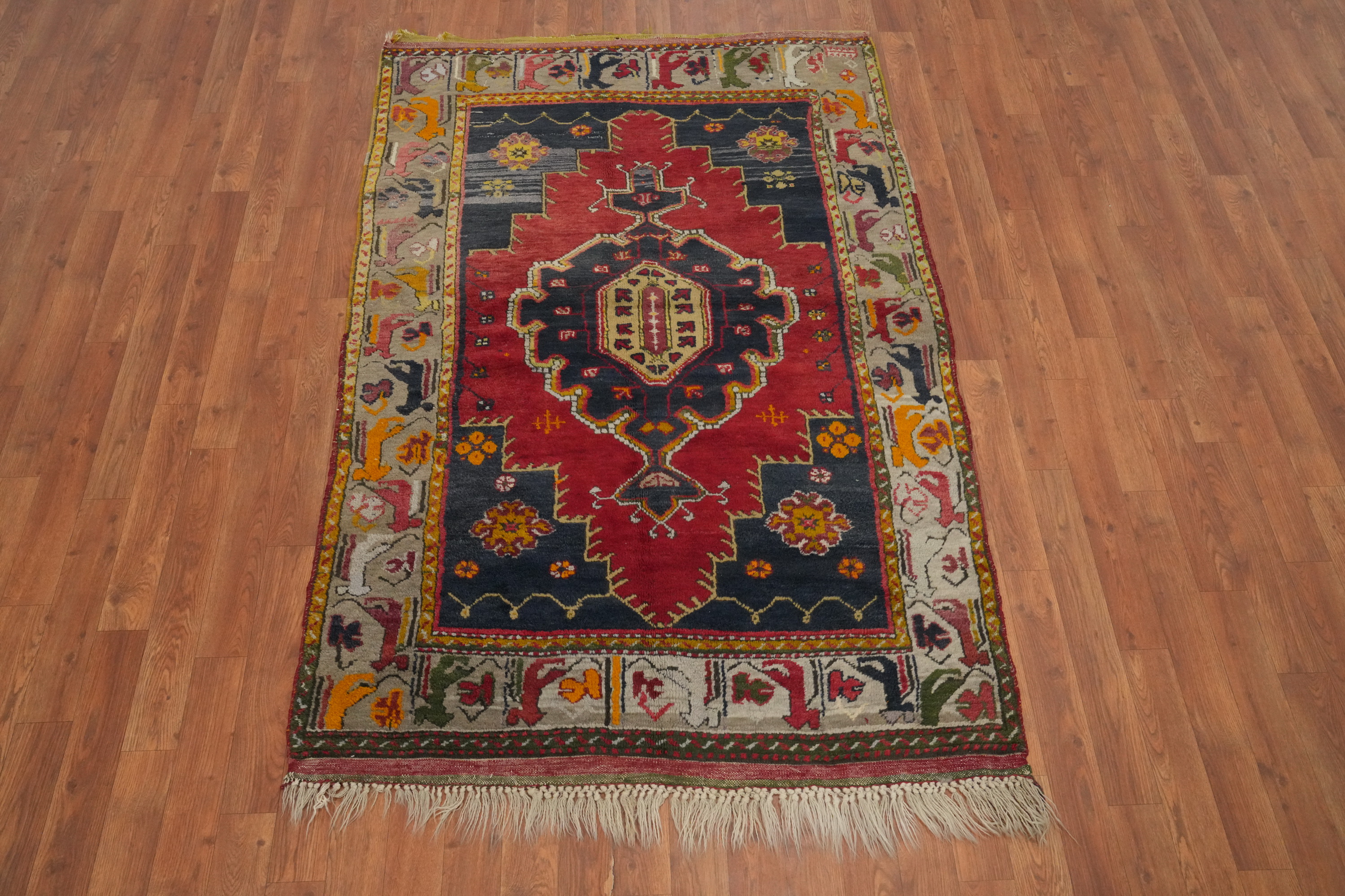Red Vintage Geometric Anatolian Turkish Rug 4x6 ft Hand-knotted