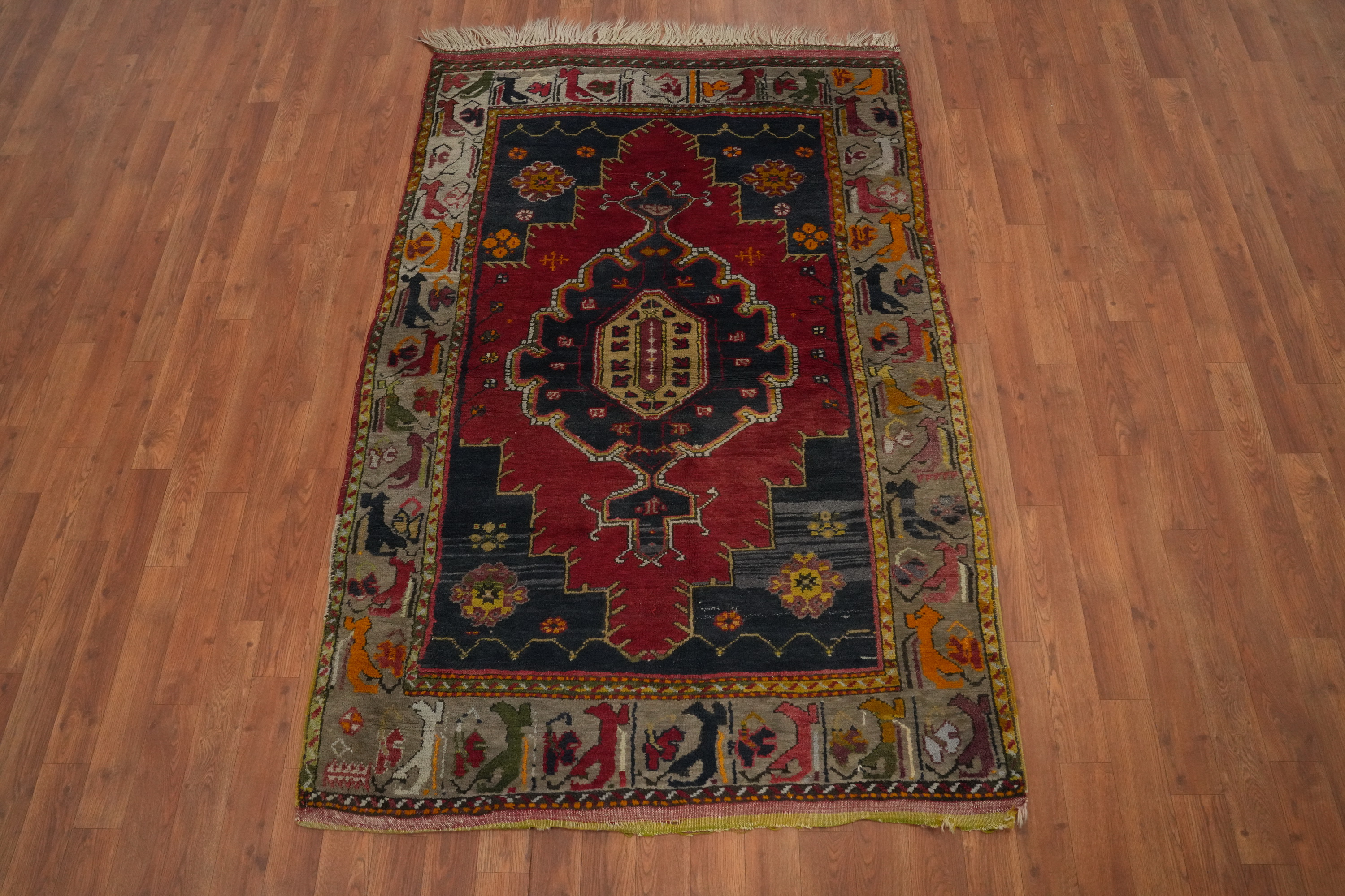 Red Vintage Geometric Anatolian Turkish Rug 4x6 ft Hand-knotted