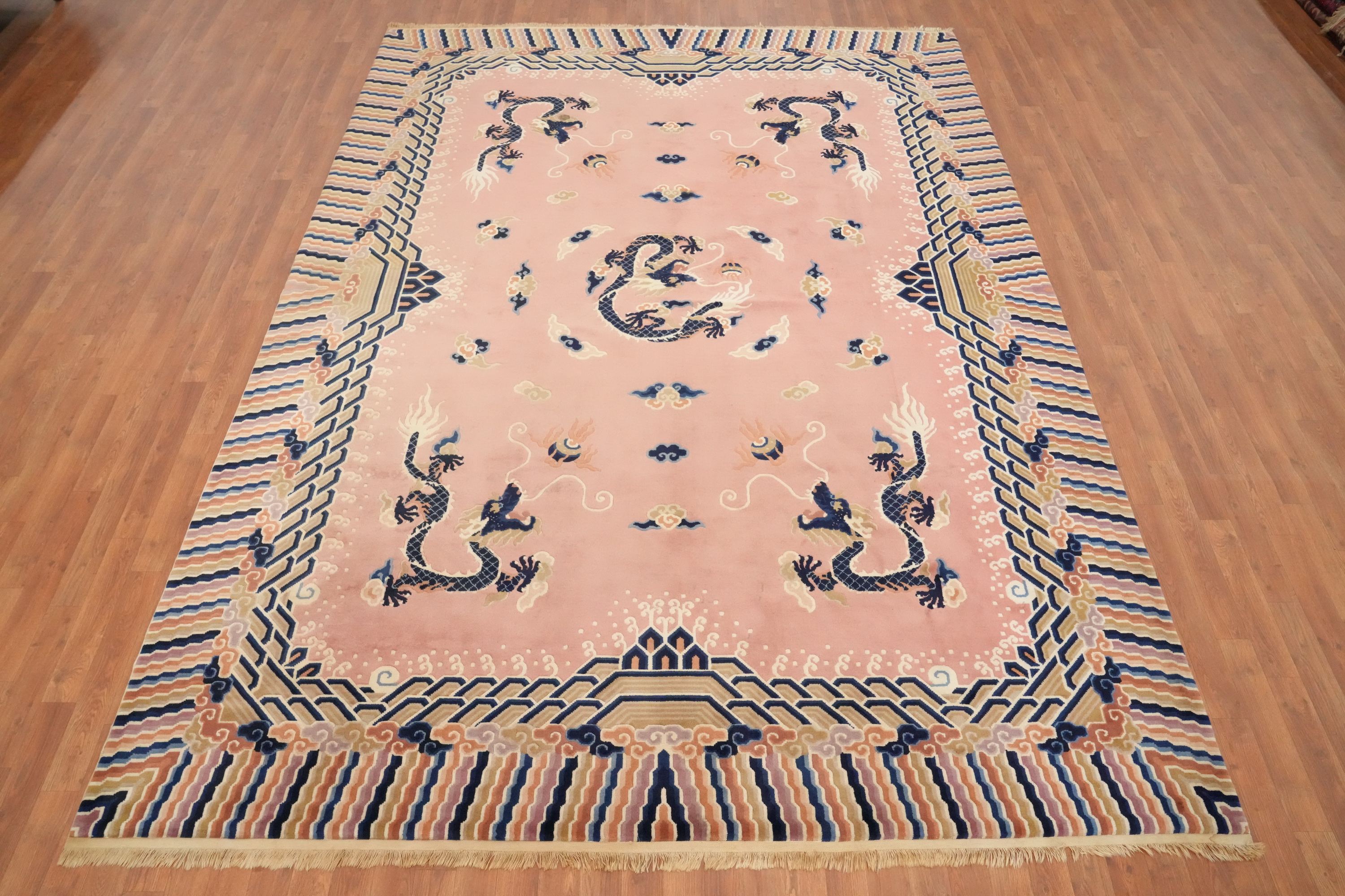 Pink Art Deco Area Rug 8x11 Chinese Vegetable Dye Vintage Hand