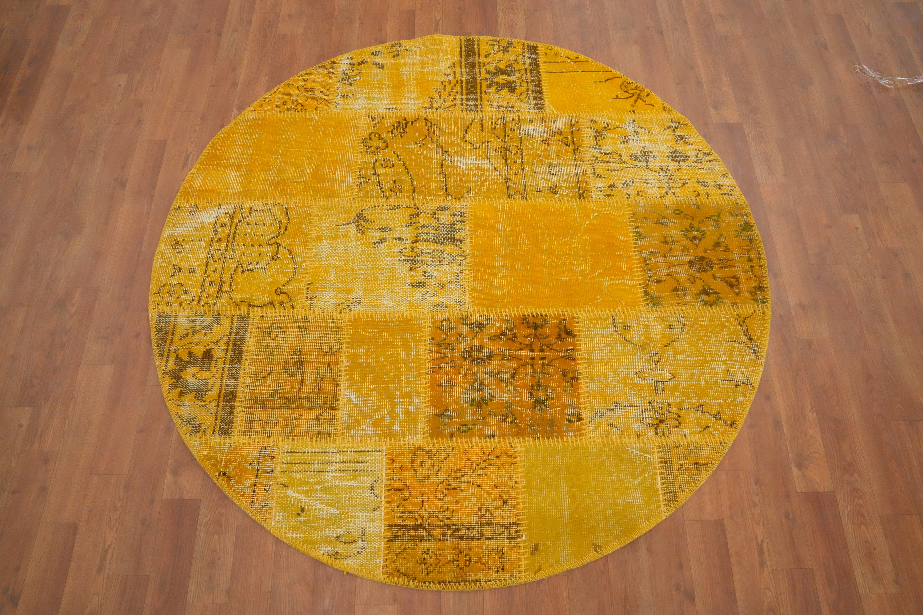 Eclectic Yellow Patchwork Round Area Rug 5x5 for Modern Handmade Homes Carpet - Picture 2 of 6