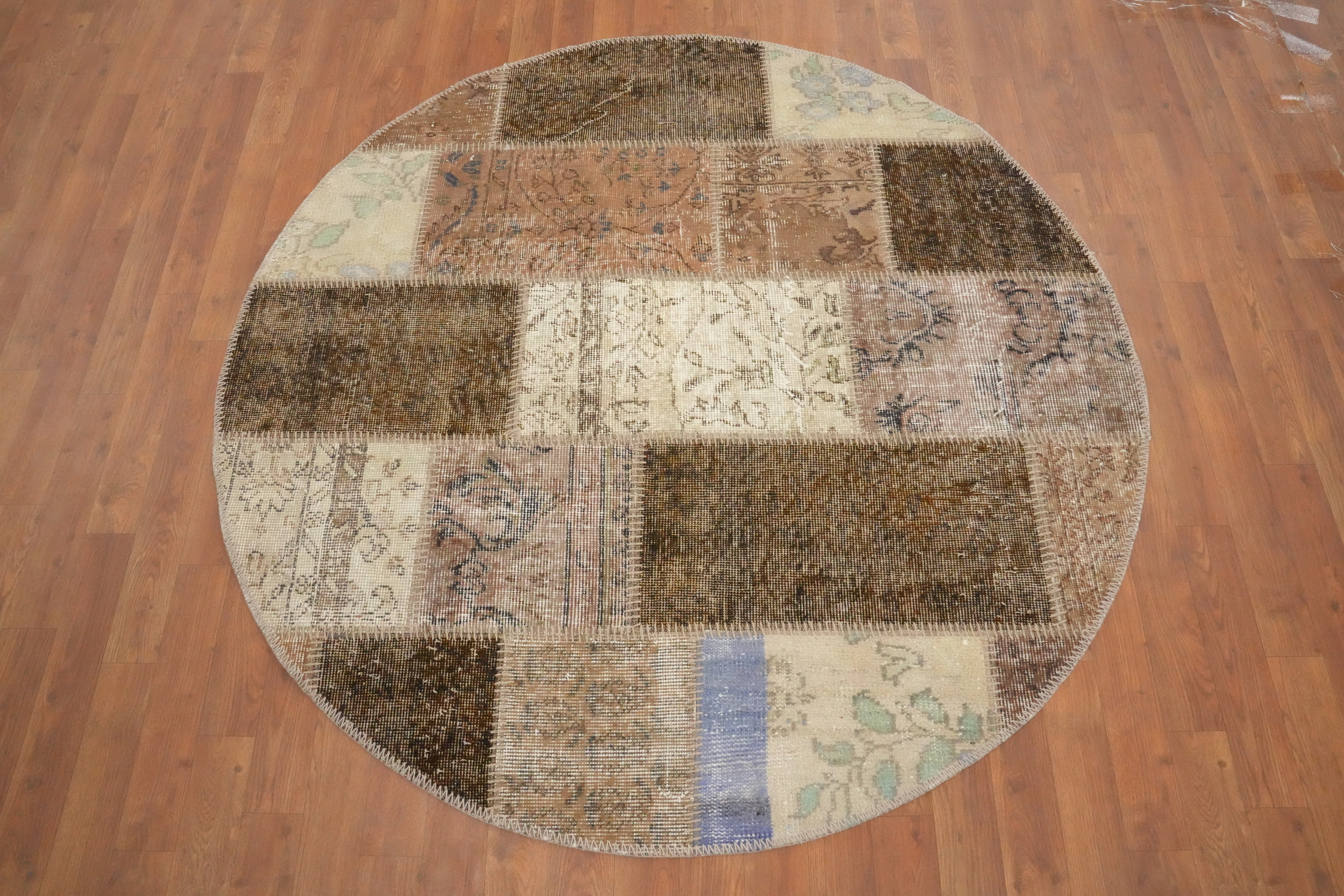 Contemporary Living Room Area Rug Round Modern Patchwork Turkish Wool Carpet 5x5 - Picture 2 of 6