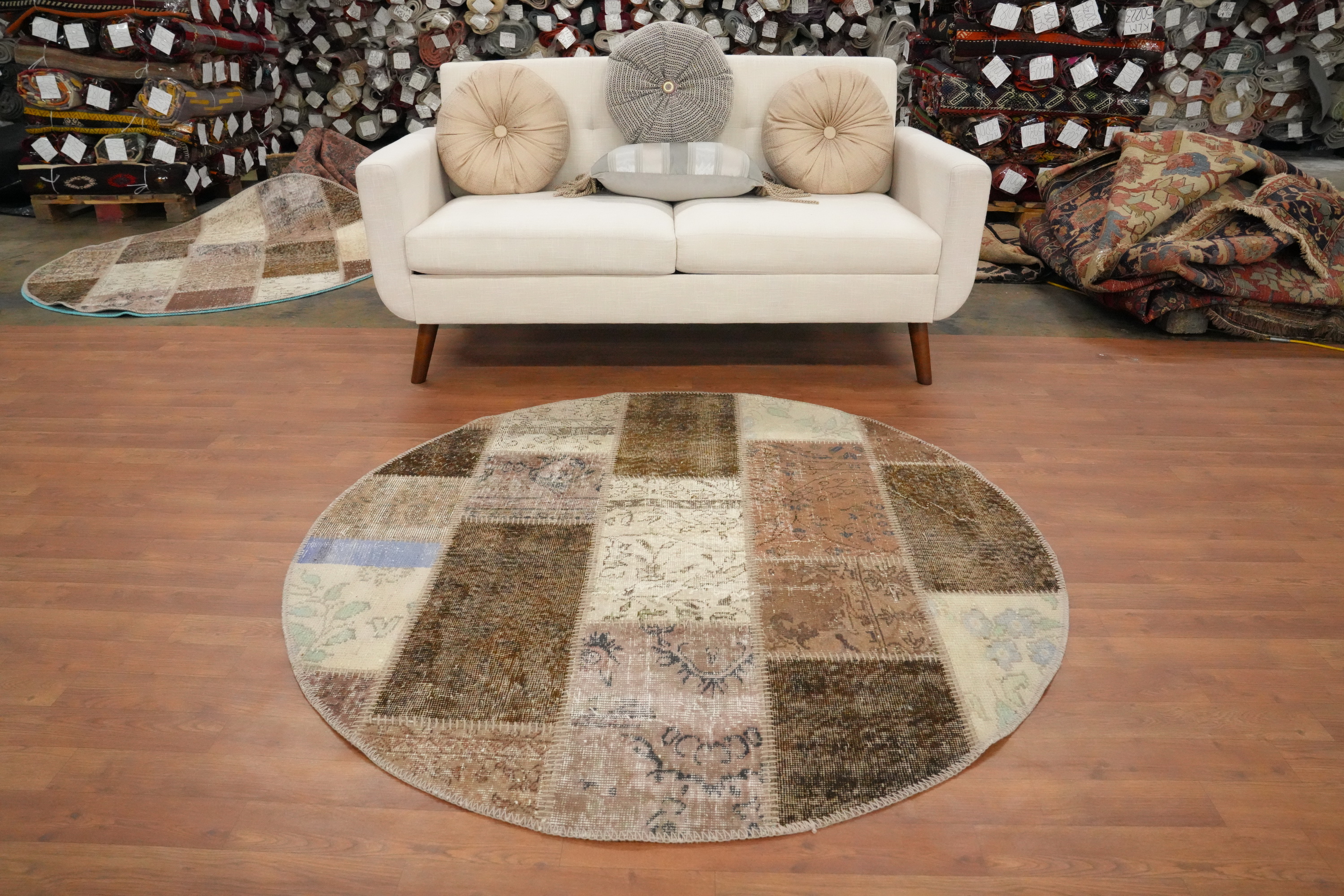 Contemporary Living Room Area Rug Round Modern Patchwork Turkish Wool Carpet 5x5 - Picture 3 of 6
