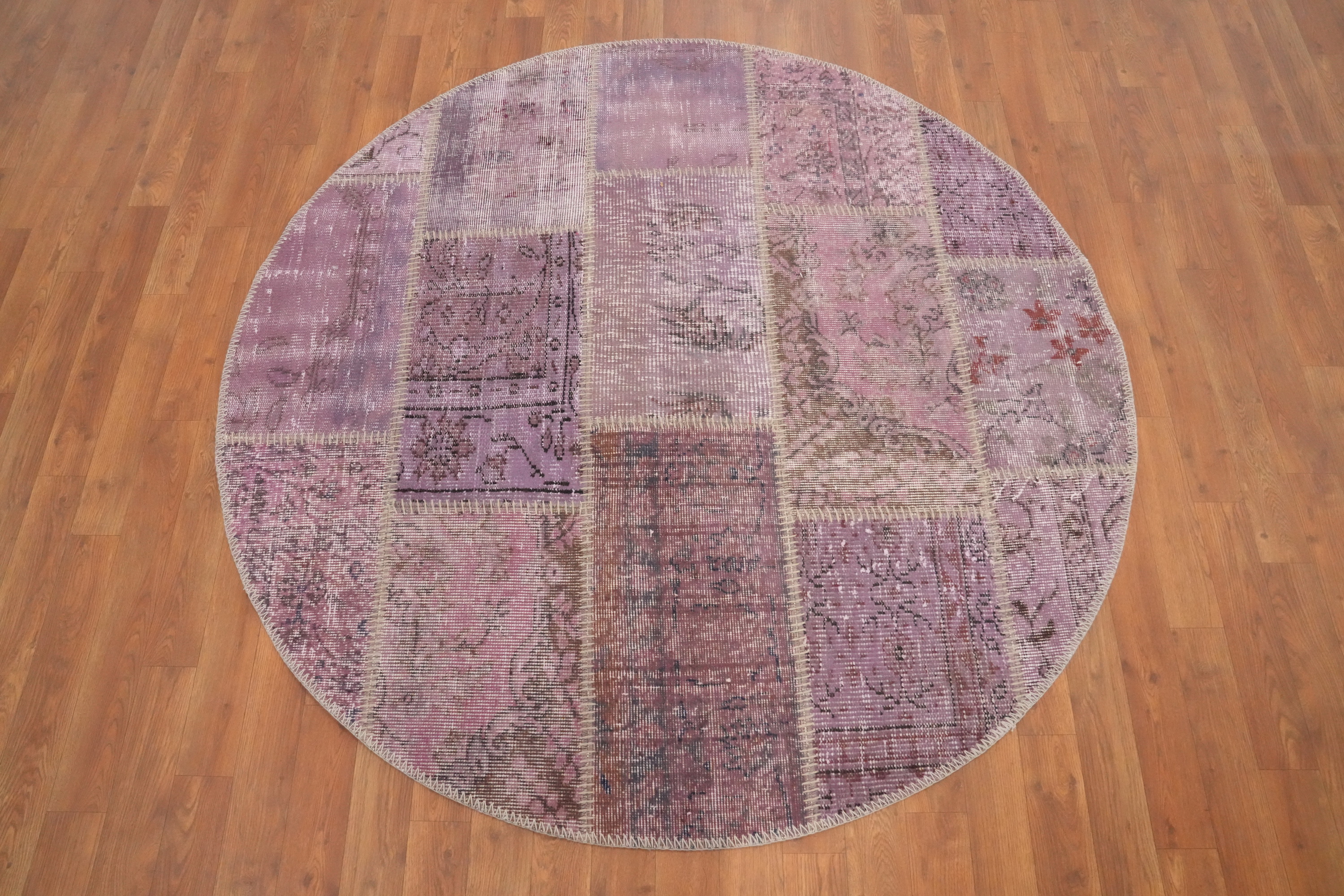 Patchwork Round Rug 5x5 Handmade Modern Style in Lavender and Pink Hues - Picture 2 of 5