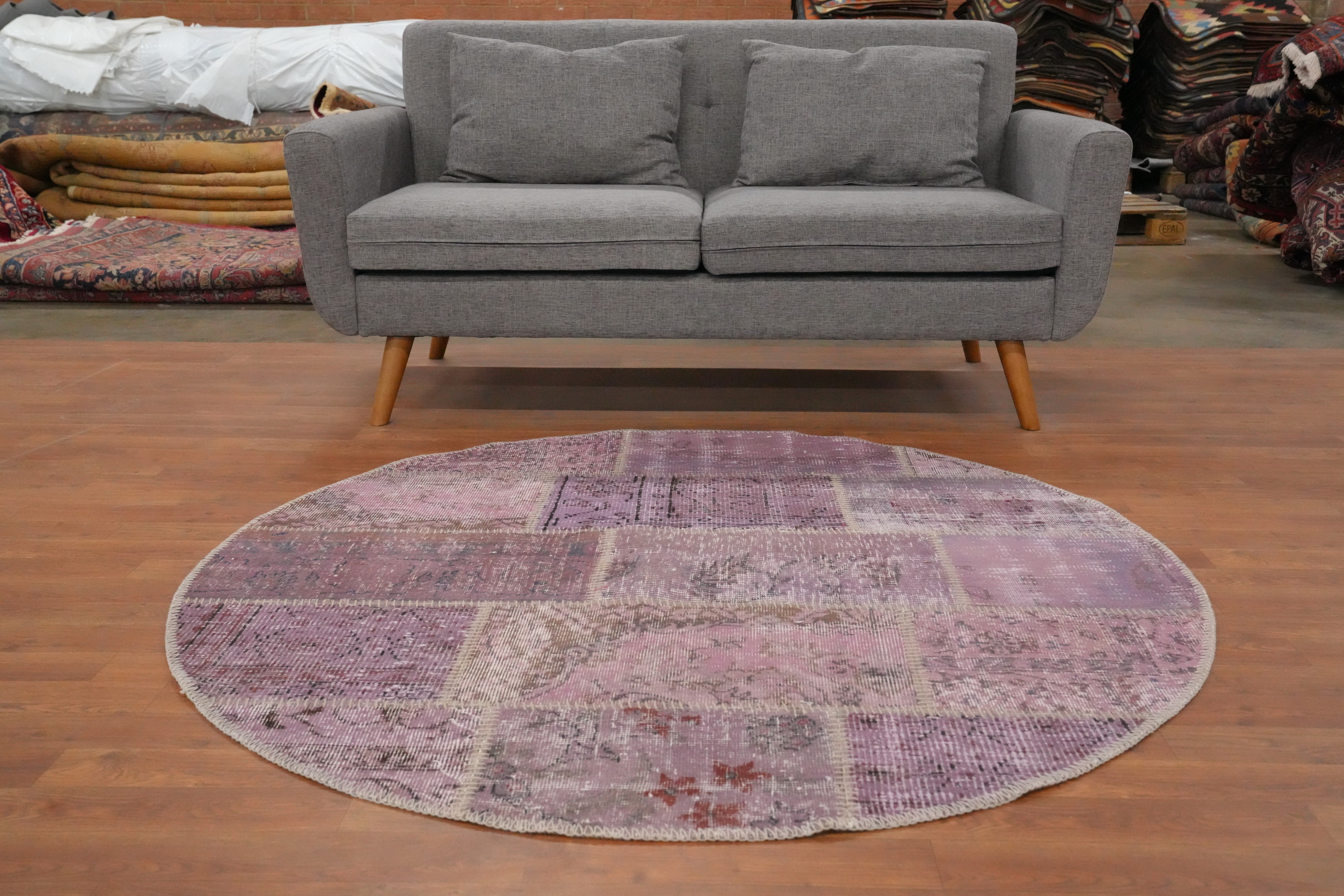 Patchwork Round Rug 5x5 Handmade Modern Style in Lavender and Pink Hues - Picture 3 of 5