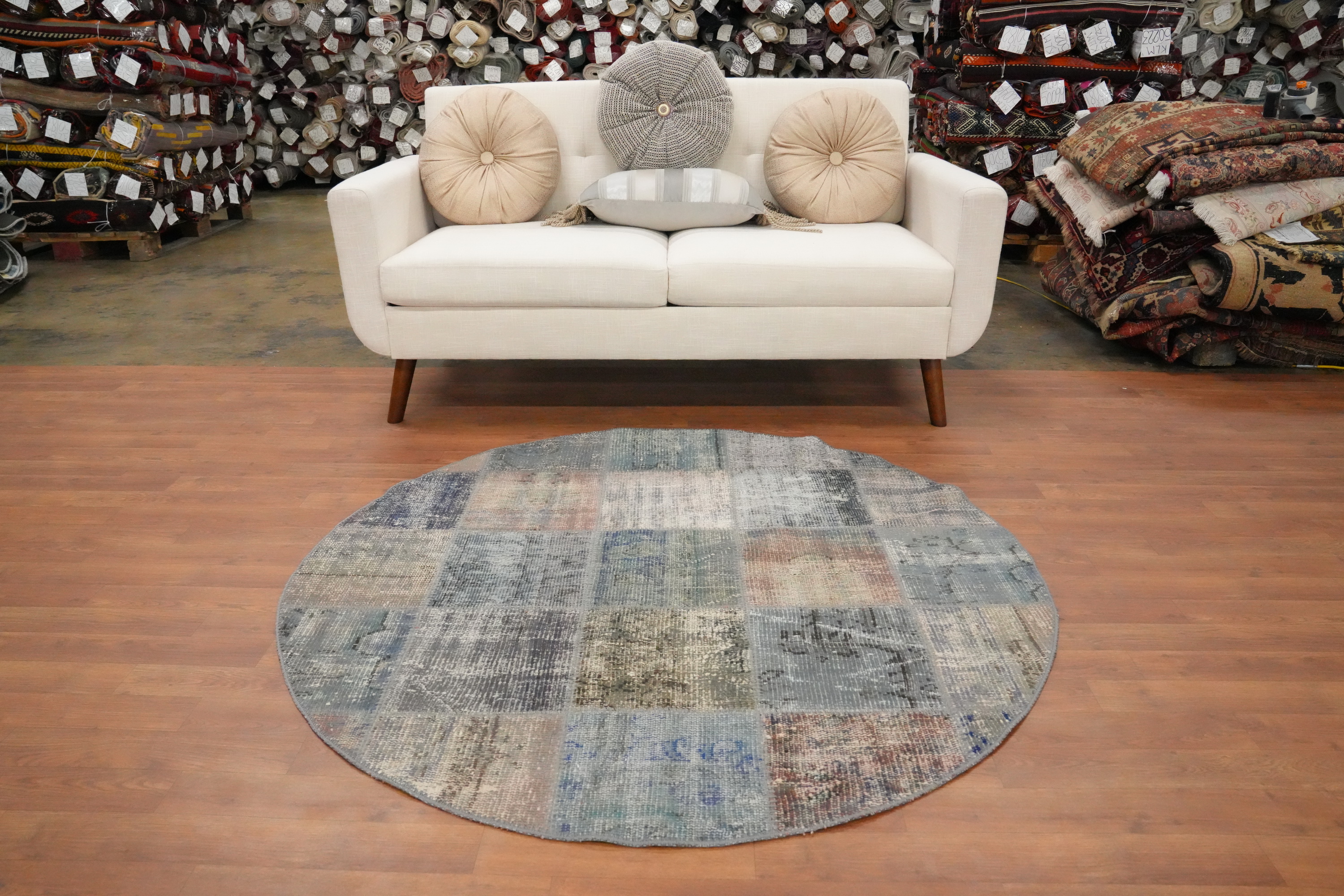 Handmade Patchwork Round Area Rug 5x5 Distressed Turkish Room Size Carpet - Bild 3 von 6