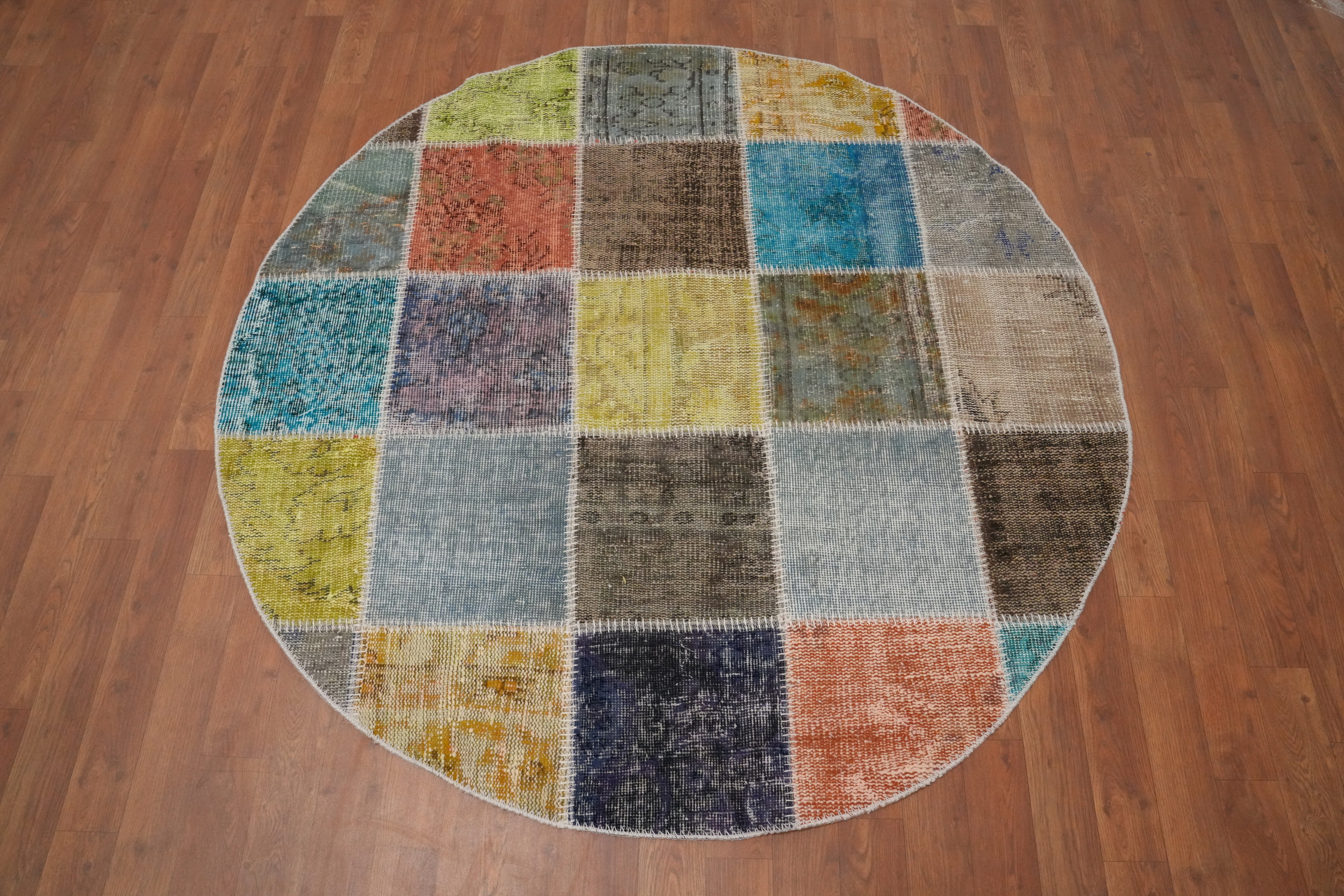 Modern Patchwork Round Rug 5x5 Hand-knotted Wool Perfect Statement Piece - Picture 2 of 6