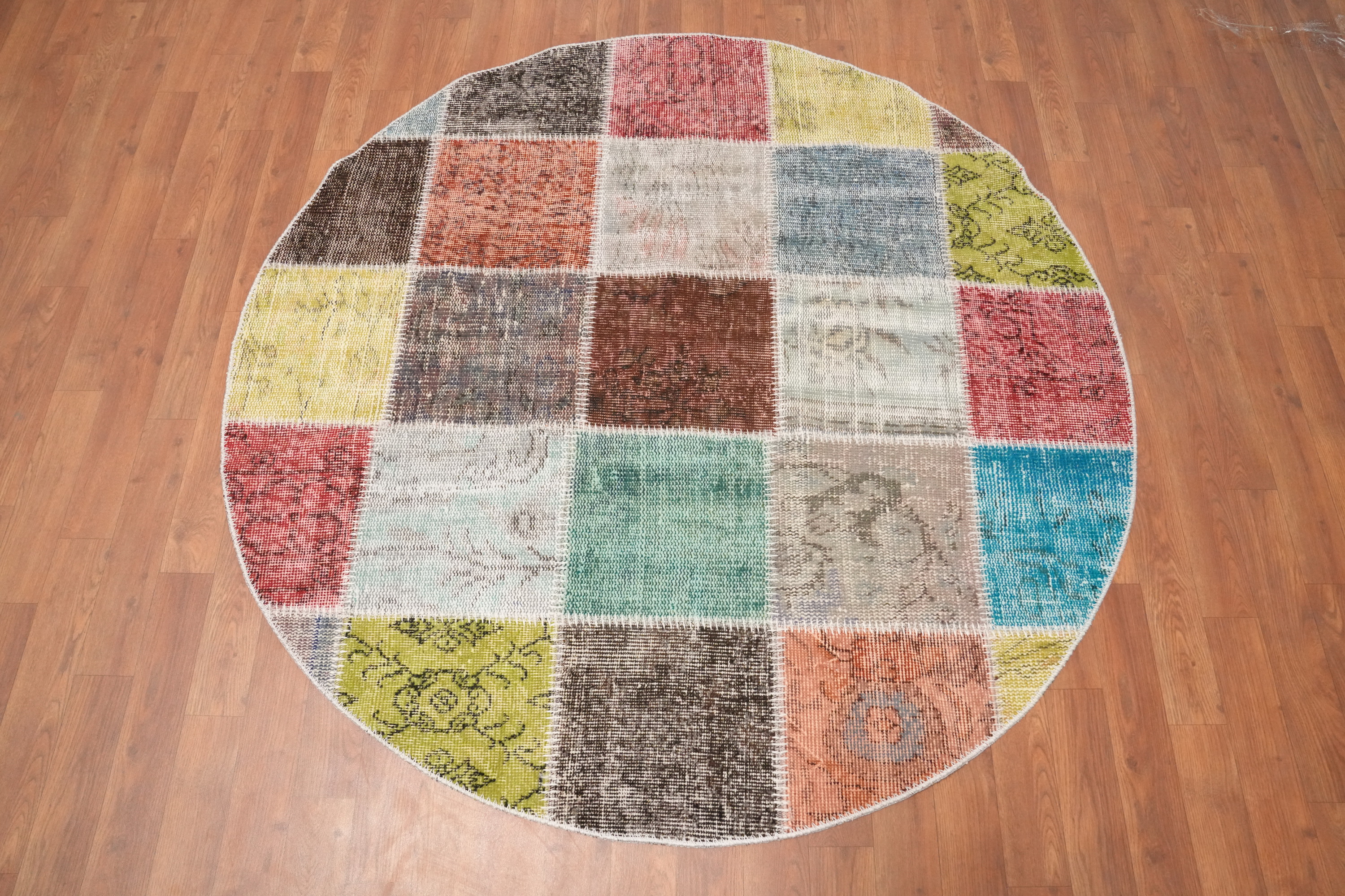 Patchwork Round Area Rug 5x5 Handmade Wool Turkish Modern Style Carpet - Picture 2 of 6