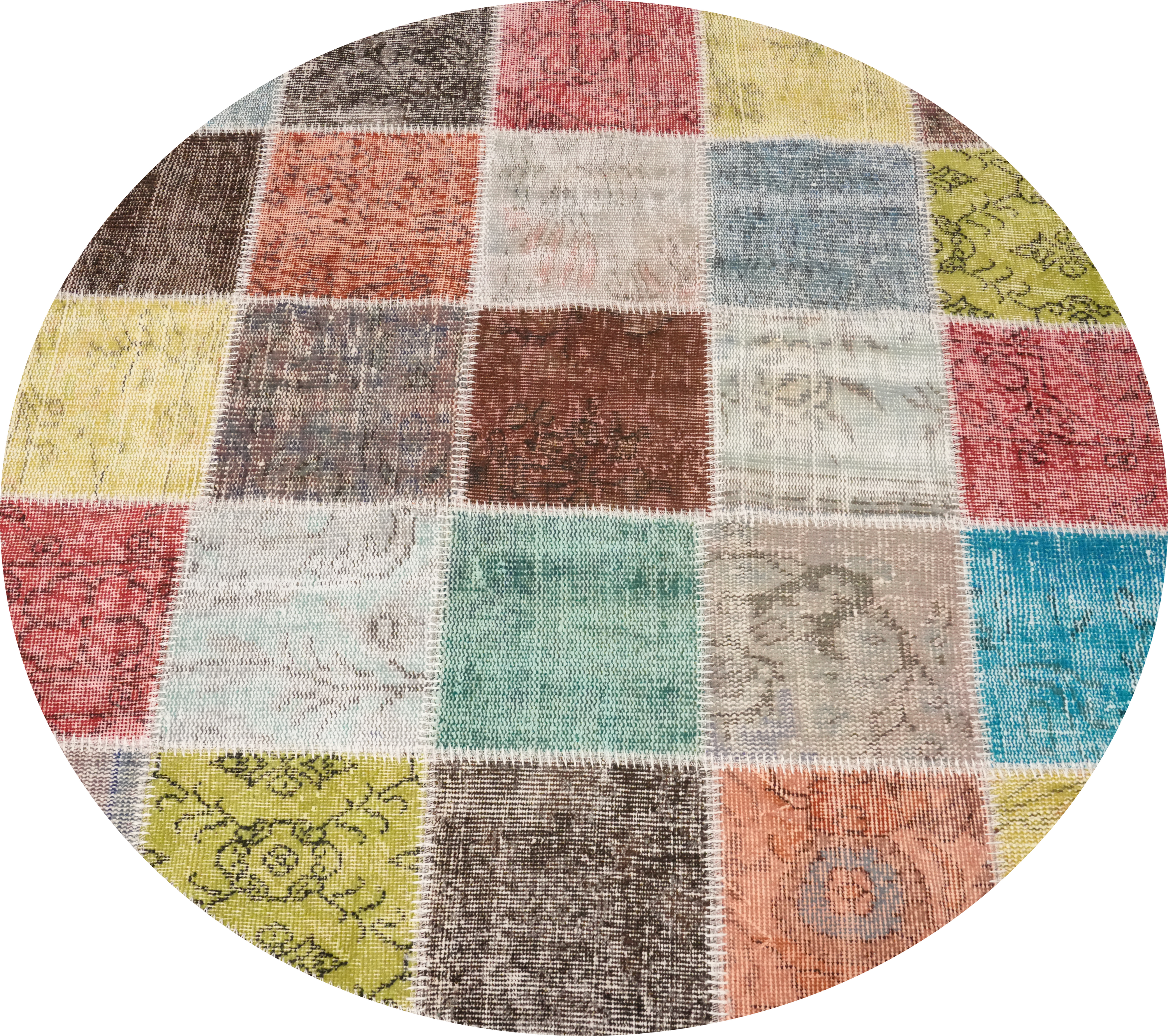 Patchwork Round Area Rug 5x5 Handmade Wool Turkish Modern Style Carpet - Picture 1 of 6