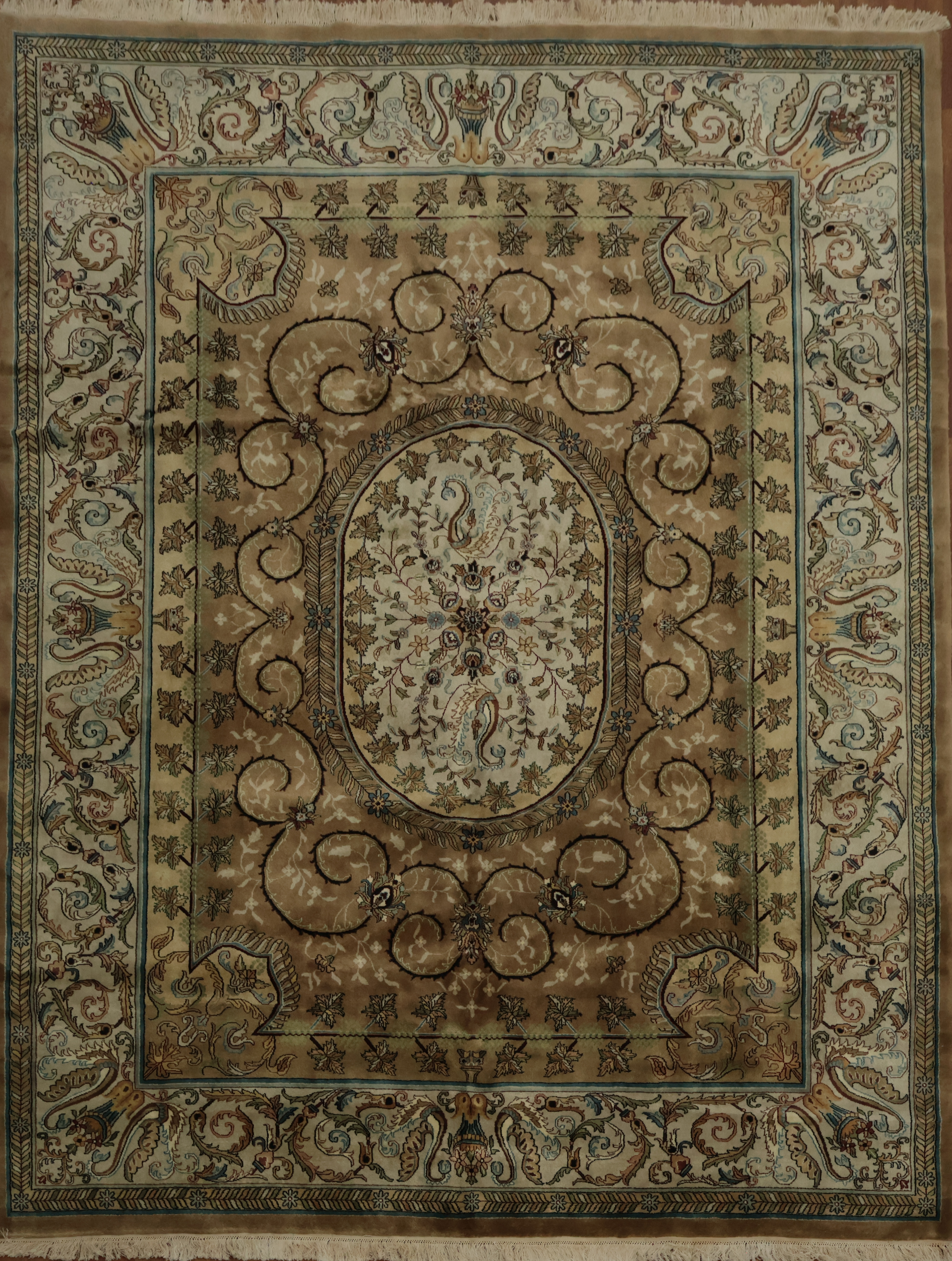 Brown Aubusson Chinese Area Rug 9×12 Living Room Hand-knotted Medallion Carpet
